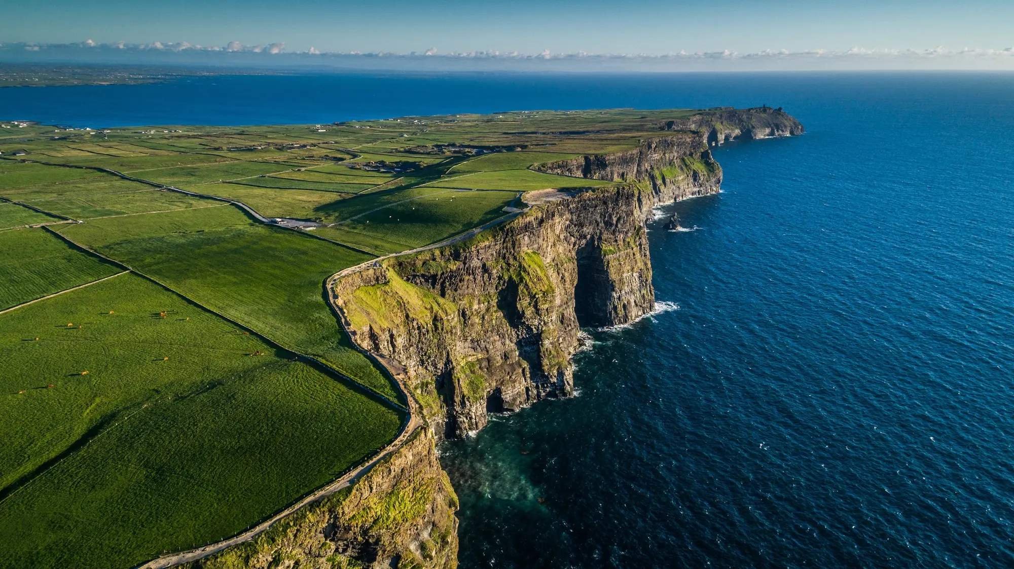 Aerial view along the Cliffs of Moher near Liscannor with green fields running to the cliff edge