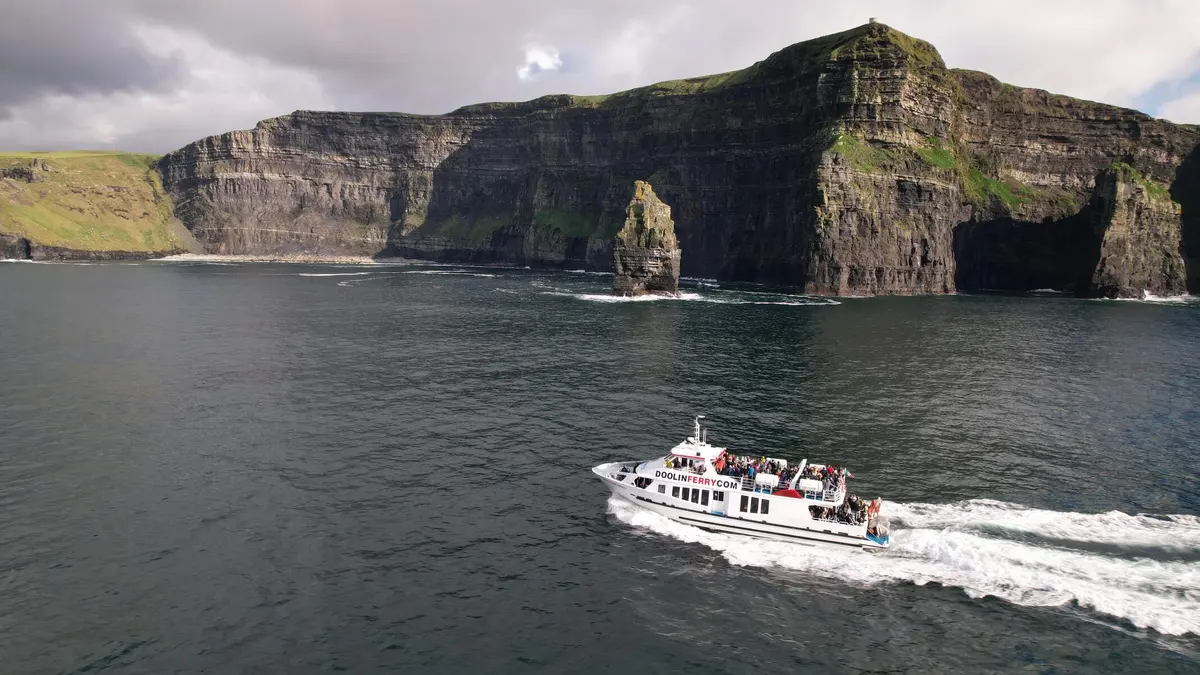 A ferry below the Cliffs of Moher on the Clare coast visited earlier in the trip
