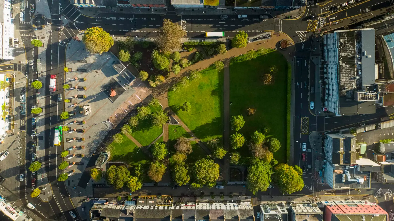 Eyre Square in the centre of Galway seen from directly overhead