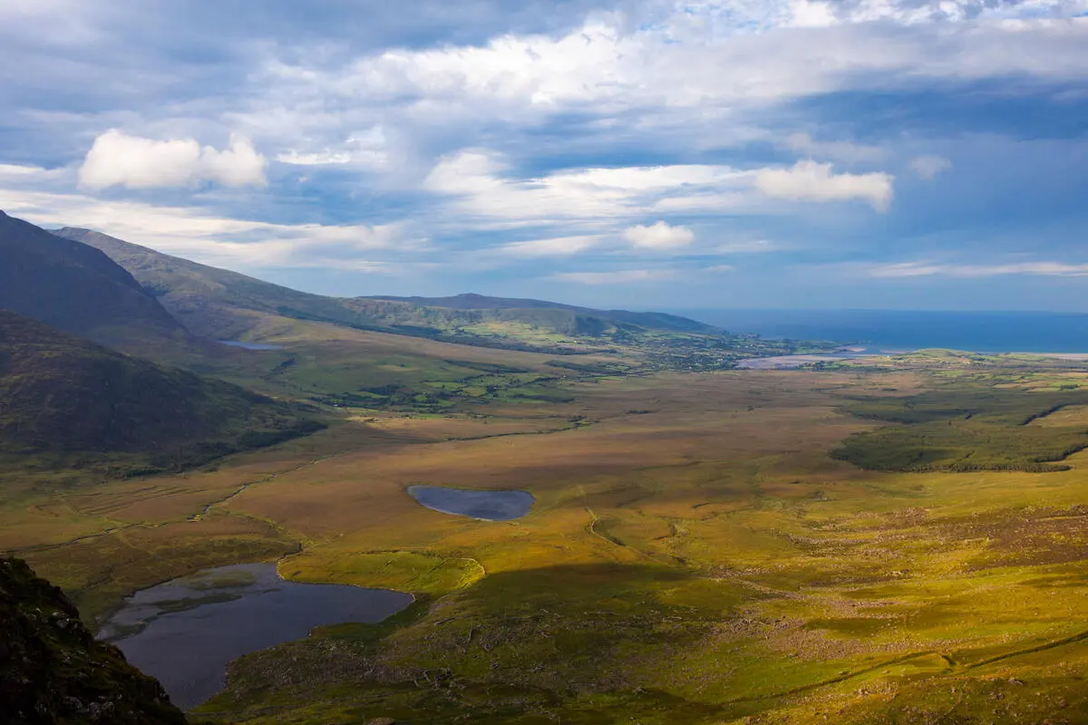 The view from the Conor Pass across the bogland of the Dingle Peninsula